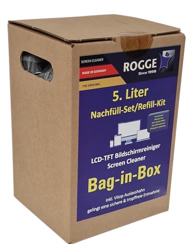ROGGE Bildschirmreiniger 5 Liter Abfüllsystem. Für alle Sprayflaschen geeignet. Original Reiniger für LED - LCD - TFT - OLED - Plasma - TV Displays Streifenfrei und biologisch abbaubar