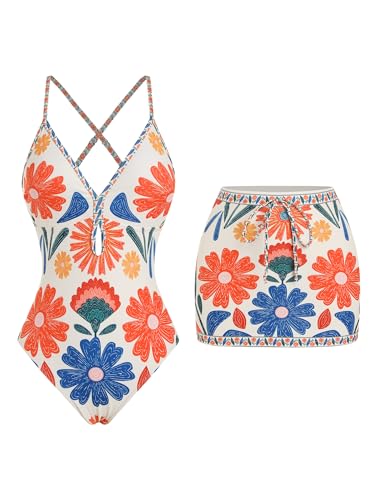 Image of ZAFUL Women's One Piece Swimsuit with Skirt V Neck Colorblock Bathing Suit | Front Cut Out Swimsuit Criss Cross One Piece Bathing Suit