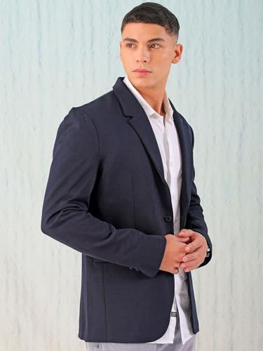 Image of The Indian Garage Co Men Comfort Straight Fit Solid Stretchable Single Breated Knitted Blazers