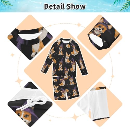 Witch Corgi Dogs Boys Swimsuit Rash Guard Toddler Kids Long Sleeve Swim Shirt and Trunks Swimwear Set 3-10Y3