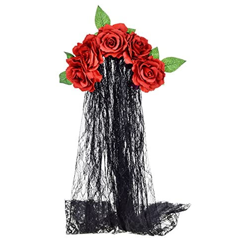 June Bloomy Day of the Dead Headpiece Rose Floral Crown Veil Halloween Costume Mexican Flower Headband(Red)