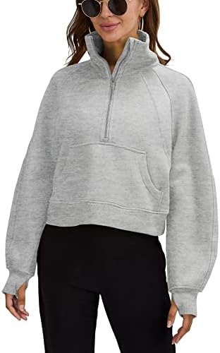 Womens Sweatshirts Half Zipper Crop Pullover Funnel Neck Fleece Lined Zip Up Long Sleeve Tops Thumb Hole Light Grey
