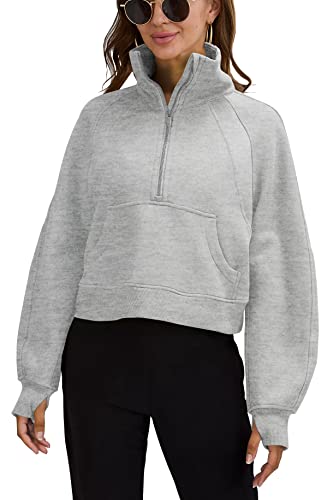 Womens Sweatshirts Half Zipper Crop Pullover Funnel Neck Fleece Lined Zip Up Long Sleeve Tops Thumb Hole Light Grey #TOP1