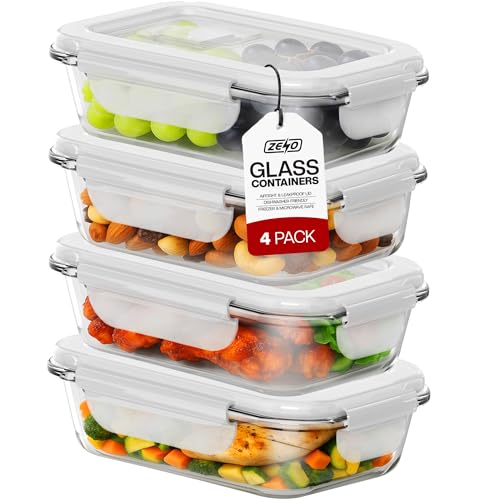 ZENO Glass Food Storage with Lids 4 Pack | 1000ml Airtight Food Containers | BPA Free Food Storage Containers with Plastic Locking Lids | Glass Meal Prep Lunch Box Takeaway Containers