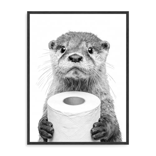 Dazzlewall Póster Divertido de Nutria en Blanco y Negro, Linda Nutria Sosteniendo Papel Higiénico para Decoración de Baño o Aseo, 12x16 Pulgadas Sin Enmarcar