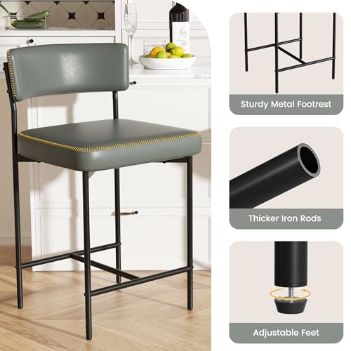 Image of Bar Stools, Faux Leather Counter Height Barstools with Curved Back, 25 Inch Upholstered Bar Chairs, Modern Counter Stools for Kitchen lsland, Grey