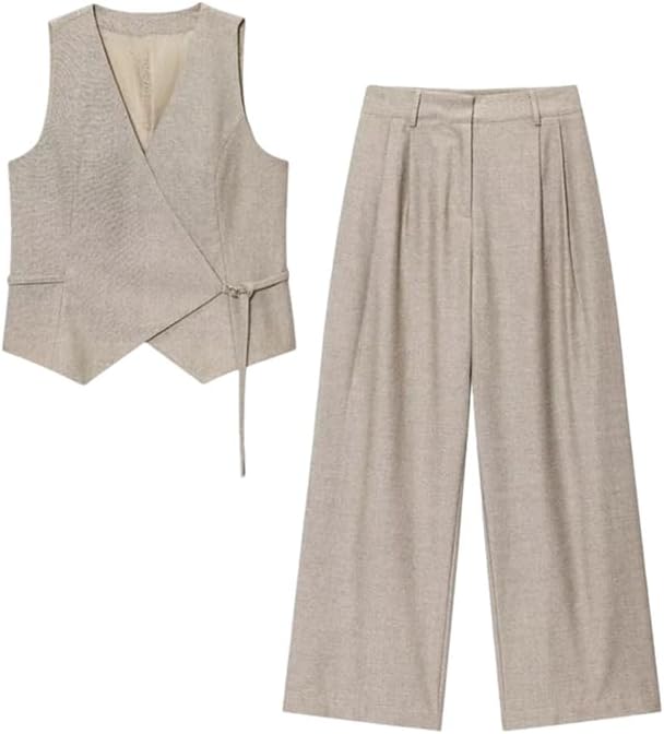 Women Sleeveless Vest Wide-Leg Pants Suit Office Two-Piece Suit