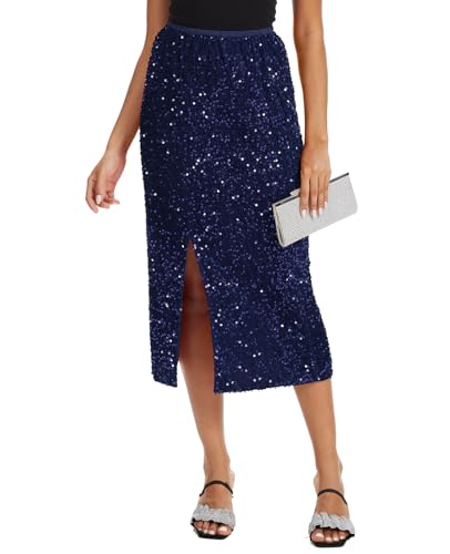 LADI TREND Women's Sequin Skirt Midi High Waist Elegant Stretchy