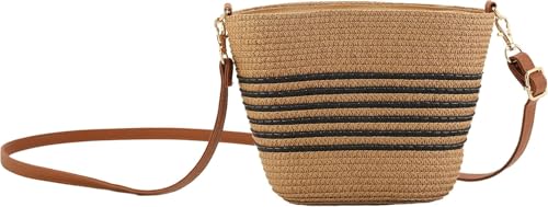 BOETE Straw Crossbody Purse for Women with Stripe, Woven Straw Shoulder Bag with Adjustable Strap, Trendy 2025 Beach Purses (darkbrown-blackstripe,S)