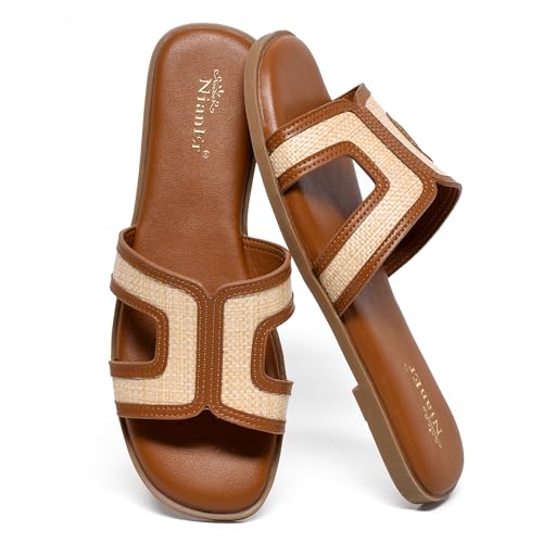 Image of NianEr Womens Microfiber Leather Memory Foam H Sandals Summer Shoes Slides | Flat, Comfortable, Slip On, Dressy, Dress, Beach, Vacation, Designer, Comfy, Casual, Bridal, Church, Boho, Office, Work