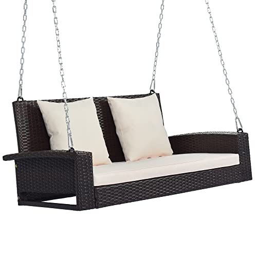 2-Person Patio Porch Swing Bench W/Cushions And Pillows, Outdoor Rattan Swing Chair W/Steel Chains, Wicker Hanging Porch Bench For Deck & Poolside, 50 Inch, Brown With Beige #TOP6