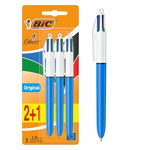 BIC 4 Colours Pens Multicolour Original - Retractable Ballpoint Pens - Pack of 3