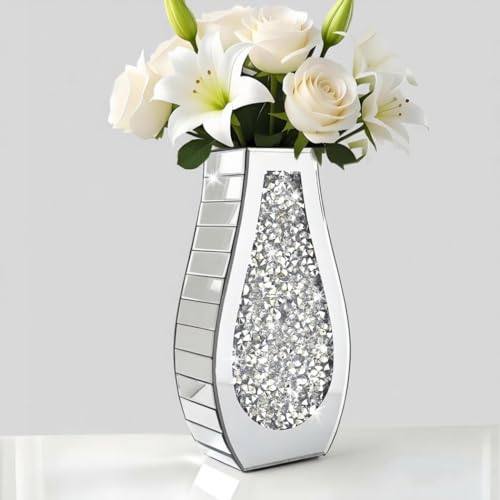 ALLARTONLY Flower Vase Crushed Diamond Mirrored Vase Crystal Silver Glass