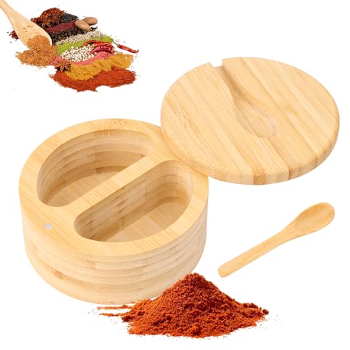 Wvu & Wvo Salzdose, 2-Fach Salzbehälter mit Magnetischem Drehdeckel und 1 kleinen Holzlöffeln, Salzgewürz-Aufbewahrungsbox für Küchengewürze, Gewürze, Kräuter, Pfeffer oder Kleinigkeiten