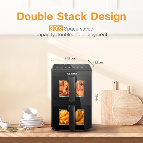 LLIVEKIT 10L Double Stack Air Fryer XXL, 9-in-1 AirFryer with 2 Vertical Drawers & Viewing Window, 90% Oil Saving, Smart Finish & Sync Cook, 2460W, Reheat Function, Large Air Fryer - Image 6