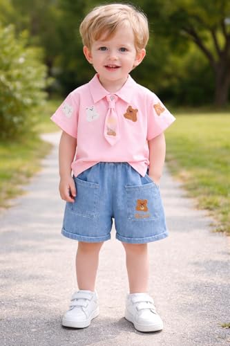 Image of Bold N Elegant Boys Polo T-Shirt and Denim Shorts with Detachable Tie Smart Casual Clothing Set for Kids | Kids Trendy Outfit