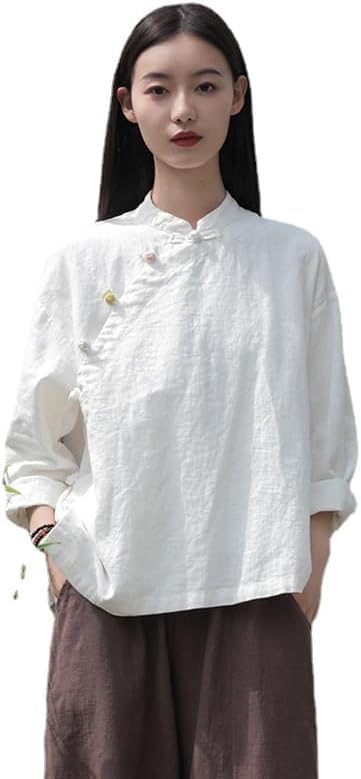 Camicetta Donna Elegante Con Ricamo Tradizionale Cinese, Maniche 3/4, In Lino - Perfetta Per L'estate, Stile Folklorico E Casual