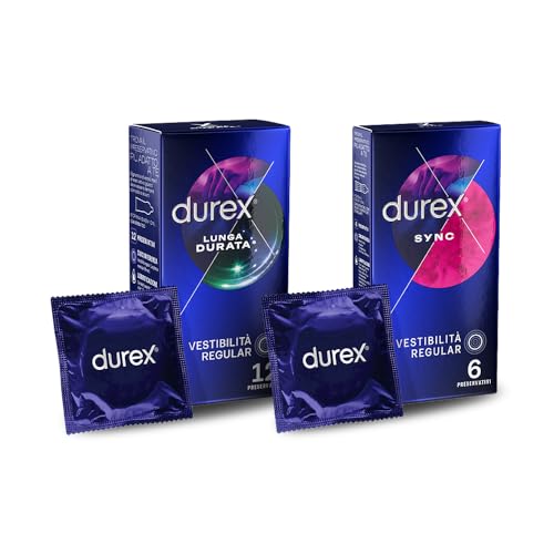 Durex Kit Lunga Durata con Sync, Preservativi Ritardanti per Lui e con Rilievi e Nervature per Lei, 18 Profilattici