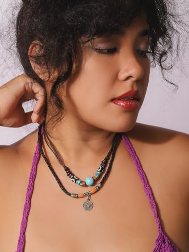 MINACHI Layered Boho Wood Bead Choker Necklace, Hollow Flower Charm, Personality Jewelry for Men and Women2