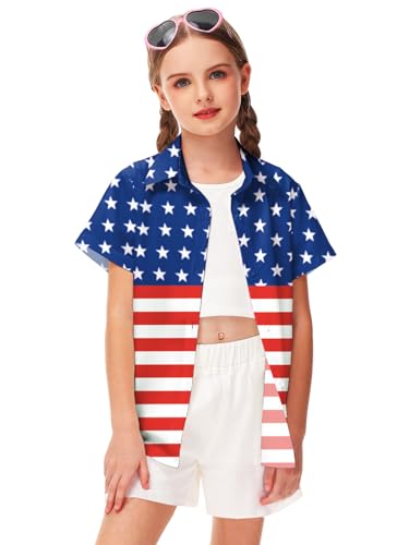 Image of Remimi Unisex Kids 4th of July Button Up Shirt Boys American Flag Print Hawaiian Beach Short Sleeve Tops 5-14 Years