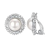 Yoursfs Large Faux Pearl Diamond Clip On Earrings For Women Dressy Vintage Silver Rhinestone Non Pierced Earring Comfort Round Ear Clips Jewelry