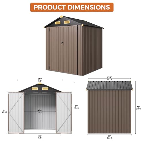 Image of IRONCK 5.7x5.7FT Outdoor Storage Shed, Tool Shed, Brown | Breathable Vent, Lockable Doors, Galvanized Steel, Metal Garden Storage, Outdoor Shed, for Backyard, Poolside, Patio