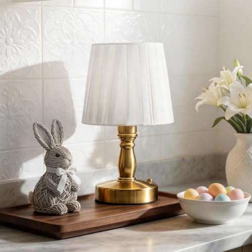 Image of Rechargeable Cordless Vintage Table Lamp, Pleated Shade, 2700K Dimmable