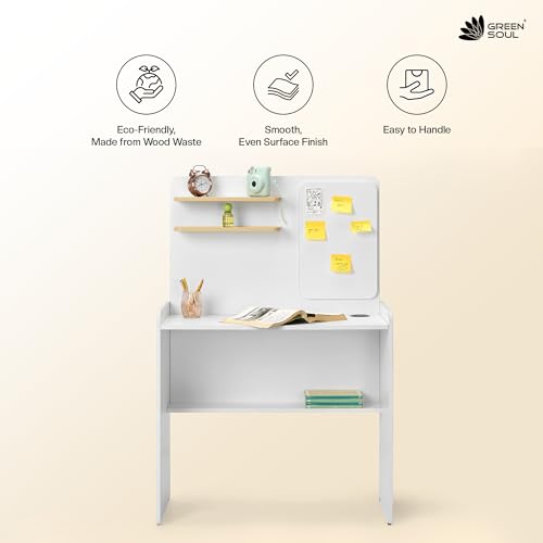 Image of Green Soul Dora Study Table for Home (2026 Edition) with Writing Board & Bookshelf | IS-3087 Engineered Wood| Computer /Writing Desk for Home, Adults & Students, White, 3 Year Assurance