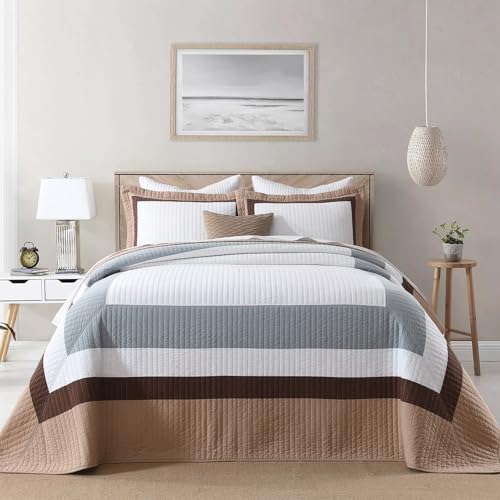 QuiltMuse Farmhouse Bedspreads Queen Size 102"x120" - 100% Cotton Lightweight Oversized Queen Quilt Set with 2 Pillowshams, Country Plaid Botanical Quilted Bedding Cover for All Season, Beige/Khaki