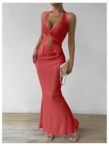 Image of SOLY HUX Women's Two Piece Outfits Twist Front Halter Cami Tops and Skirt Summer Set