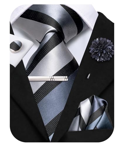 Image of Hi-Tie Black Grey Ties for Men Striped Woven Necktie and Pocket Square Lapel Pin Silver Tie Clip Cufflinks Set Wedding Business 6PCS