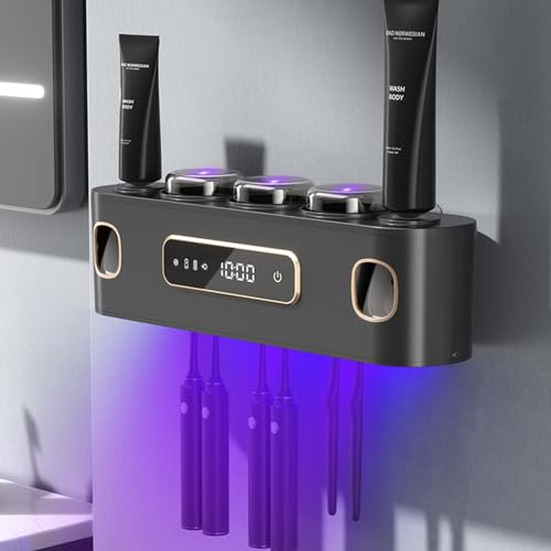 Halter für UV-Zahnbürsten-Desinfektionsmittel, UV Desinfektions Zahnbürstenhalter mit Trocknen, mit 2 Wand Badezimmer Automatischer Zahnpastaspender, LED-Touchscreen, 6 Zahnbürstenfächern-Black