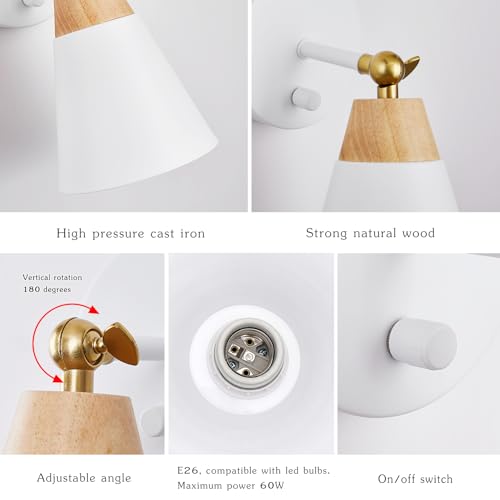 Image of Wall Sconce Set of 2, Wall Sconce Lighting Fixture with Metal Shade, Rotary Switch, Indoor Decor Wall Mount Swing Arm Lamp for Bedroom,Hallway,Living Room,Reading, White