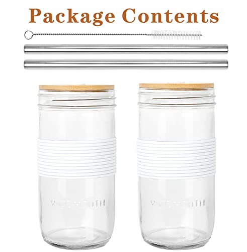 Mason Drinking Jar Tumbler Glass Cups Bamboo With Lids Metal Straws Mason Jar Iced Coffee Cups Wide Mouth Beer Glasses Smoothie 24 Oz Drinking Juice Bottles Boba Cup Smoothie Cup Tea Cup #TOP3