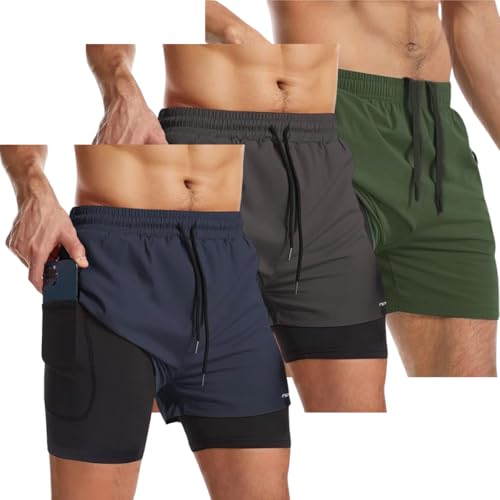 Kit 3 Bermuda Shorts 2 Em 1 Masculino Academia Dryfit Treino (BR, Alfa, G, Regular, Regular, Marinho