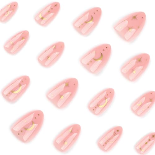 Image of Star Press on Nails Nude Fake Nails Medium Almond False Nail with Design Gold Moon Glue on Nails Artificial Acrylic Nail Full Cover Stick on Nail for Women Girls Manicure 24pcs