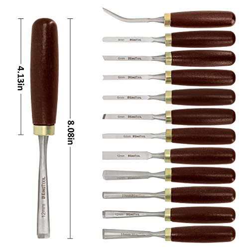 KingTool Wood Carving Tools, 12 Pieces Chisel Set with Walnut Handle, Full Size Foundational Gouges for Beginners, Hobbyists and Professionals, Wooden Storage Box & Nylon Roll-up Case