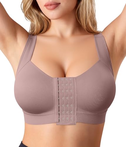 BRABIC Front Closure Post Surgery Compression Bras for Women Mastectomy Bra with Adjustable Straps Wirefree Purple Brown