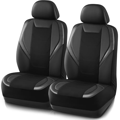Image of Car Automotive Seat Cover, Sport Carbon Fiber with Breathable Mesh Front Seat Cover, Solid Black Color Car Seat Protectors, Automotive Interior Covers, Universal Fit for Cars, SUV and Trucks
