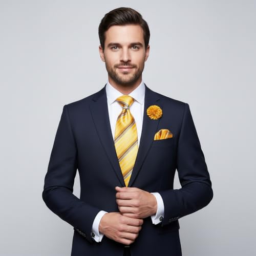 Image of 5PCS Mens Silk Designer Tie, Pocket Square, Cufflinks, Drilled Tie Ring and Lapel Pin Set for Wedding Groom Party