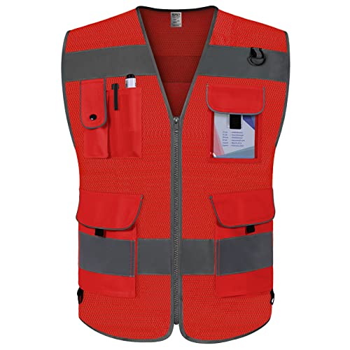 TCCFCCT Mesh Red Safety Vest for Men 9 Pockets High Visibility Vest, L