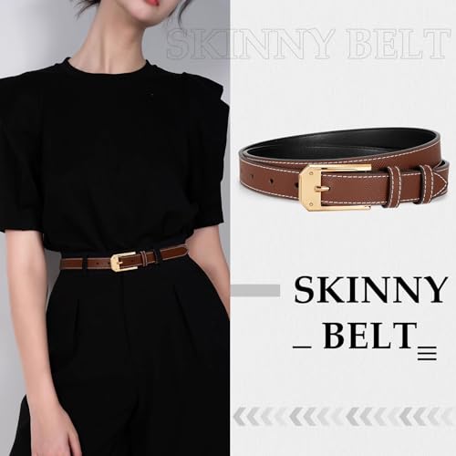 Women Skinny Leather Belt Thin Dress Belt for Women with Gold Buckle for Jeans Pants Ladies Thin Belt Vintage Fashion Waist Belt width 0.9’’3