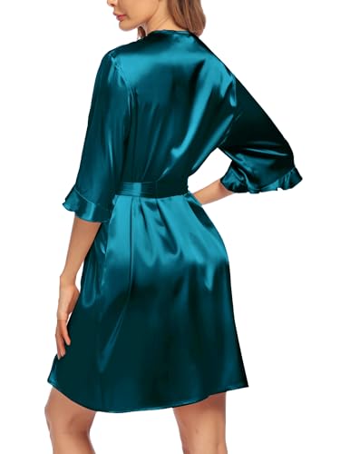 Image of Ekouaer Women's Satin Robe Valentines Lingerie for Women Kimono Bathrobe Short Ruffle Belted Robes Bridesmaids Sleepwear