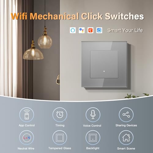 BSEED Lichtschalter Glas Smart WiFi Wechselschalter Compatibel mit Google Home und Alexa Neutrale Leitung Benötigt, 1 Fach 1 Weg, 86mm Grau