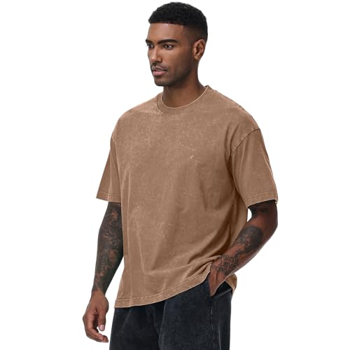 Image of Men's Oversized Cotton T-Shirts Loose Fit Vintage Washed Tee Unisex Short Sleeve Casual Shirts Tops