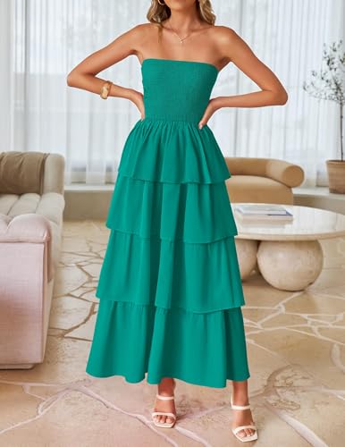 Image of ZESICA Women's Summer Boho Strapless Maxi Dress 2026 Casual Sleeveless Off Shoulder Smocked Tiered Beach Long Sundress