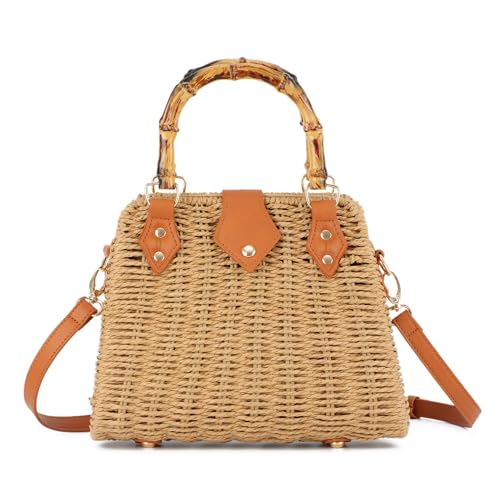 Bolso tote de paja tejido para mujer color caqui miniatura 1