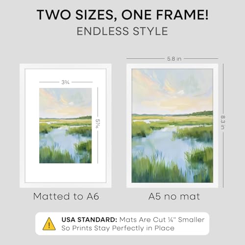 Image of Homeforia A5 White Picture Frame, High-End Metal, A6 Mat, Glass | High End Aluminum, Tempered Glass, Acid-Free A6 Removable Mat, A5 Edge-to-Edge Display, Wall Kit, Set Of 2