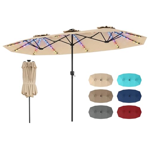 Tangkula 13 Ft Solar Patio Umbrella, Double-Sided Extra Large Outdoor Market Table Umbrella with 108 Multi-Colored Flowing LED Lights, Crank Handle, 12 Sturdy Ribs for Poolside, Garden & Backyard (Beige)