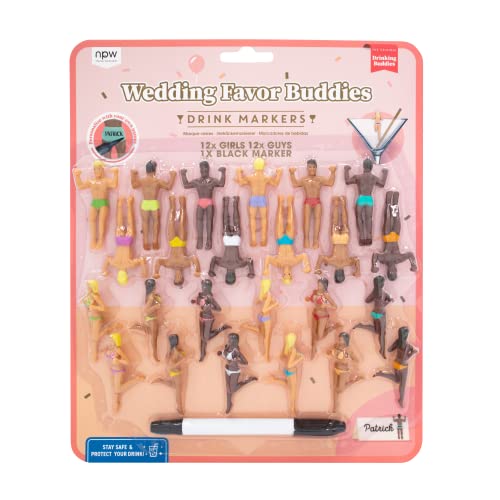 NPW Wedding Favor Drink Markers, Original Drinking Buddies & Wine Glass Charms for Wedding Parties - Bachelorette, Girls\' Nights, Rehearsal Dinner & More, Novelty Gifts (24 Count - 12 Guys, 12 Girls))